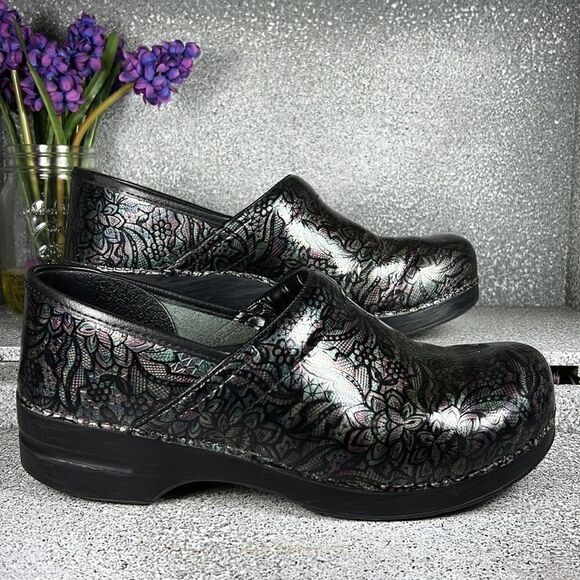 Dansko Leather Metallic Floral Clogs Mules Professional Shoes EU 42 US 11.5 - Picture 4 of 9